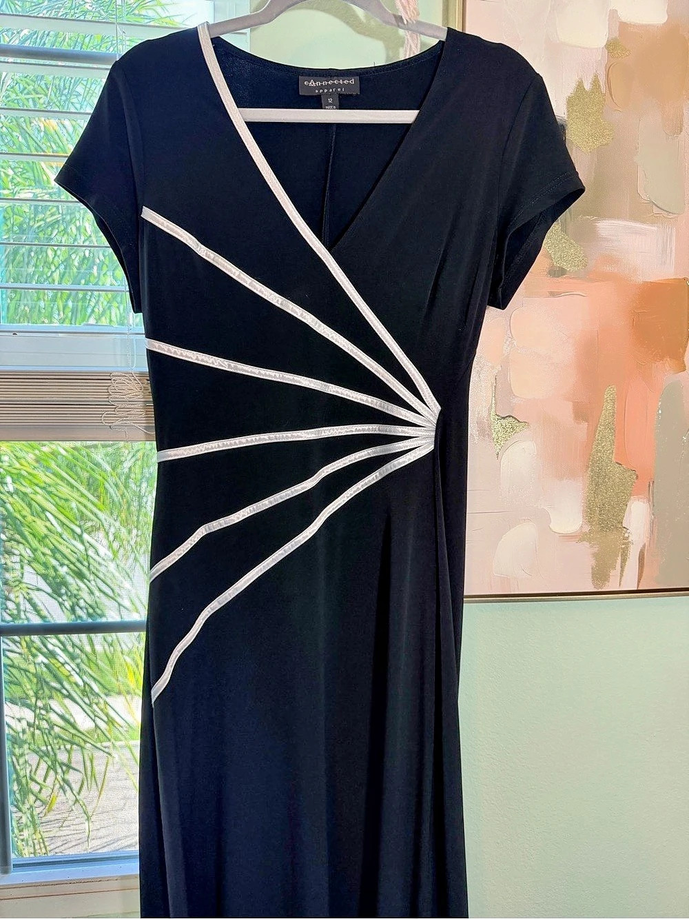 Connected Apparel Black & White Wrap Midi Dress Size 12 Like New